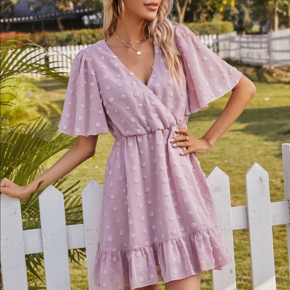 Lilac Swiss Dot Ruffle Hem V Neck Dress - Picture 4 of 7